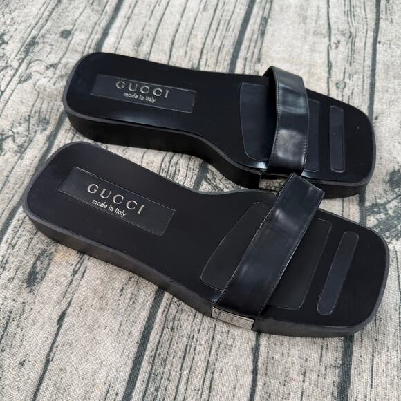 Authentic Gucci Black Leather Platform Slide Sandals Women’s Square Toe Italy - Picture 12 of 13